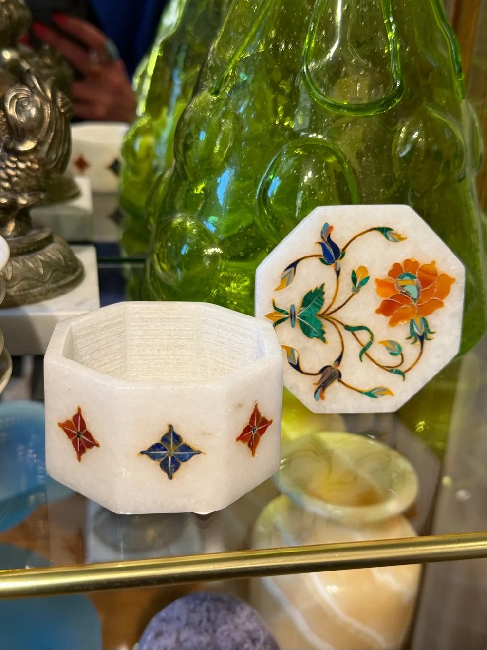 Vintage White Marble Hexagonal Jewelry Box with Colorful Floral Gemstone Inlay
